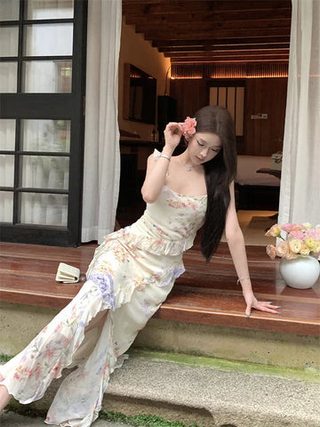 Pretty Mermaid Straps Print Floral Ruffle Chiffon Long Prom Dress Evening Dress HZ1023